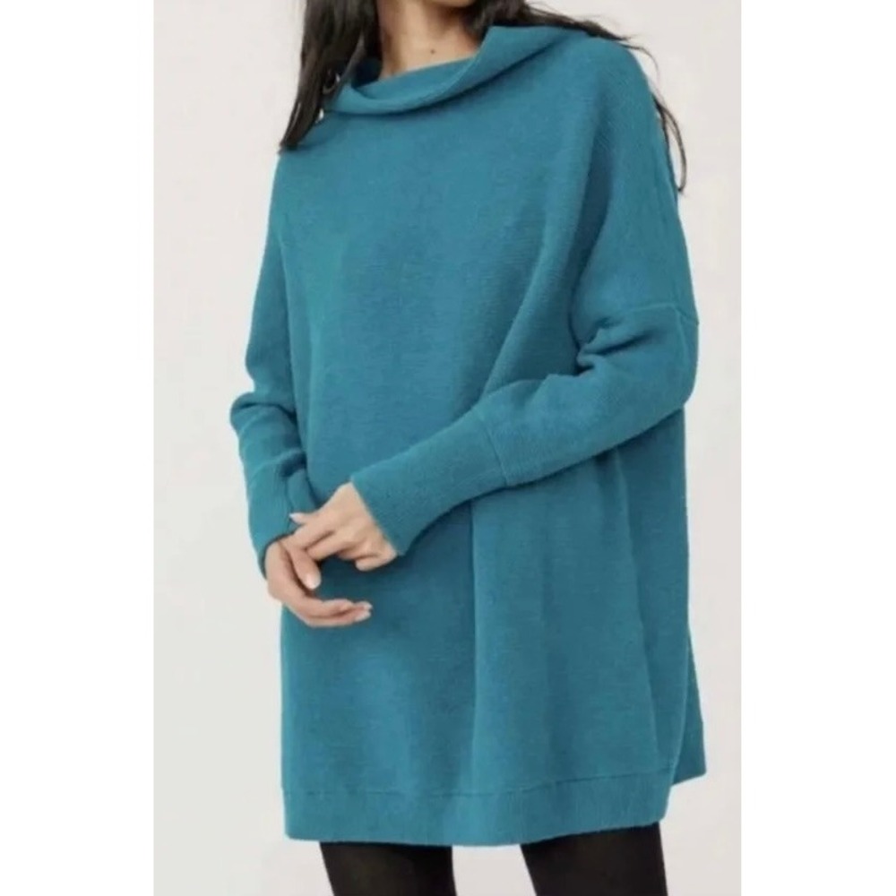 Free People Ottoman Slouchy Tunic Sweater Size S Teal Oversized Mock Neck